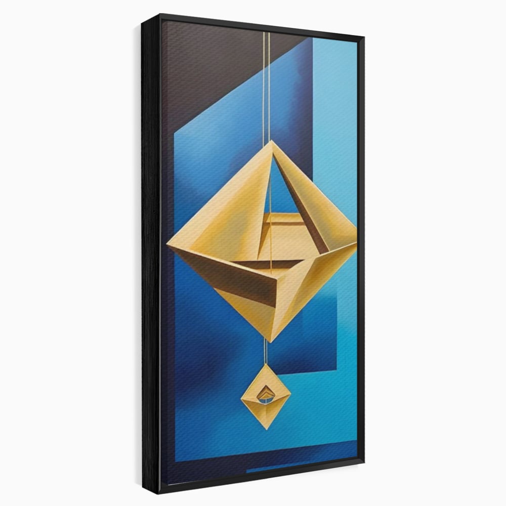 Tablou canvas cu tablou canvas cu amuleta geometrica auriu si albastru, in rama de aluminiu negru